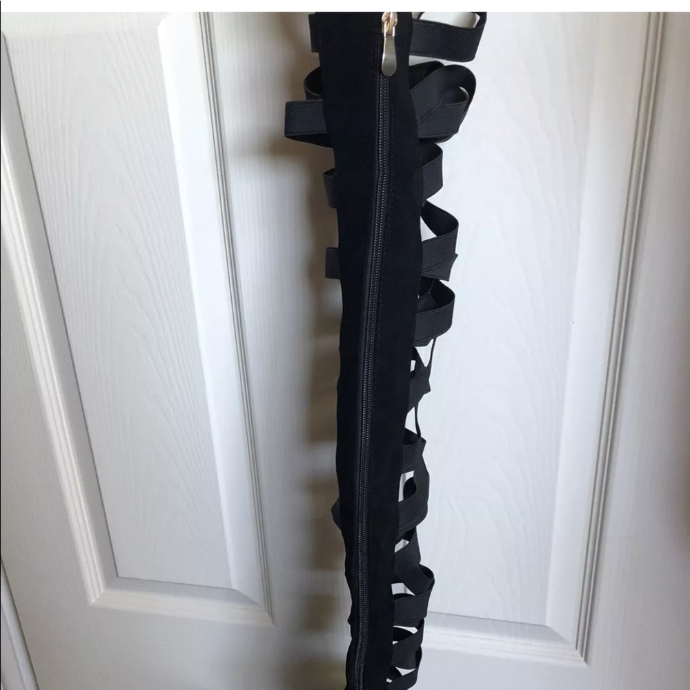 Black thigh high peep toe boot